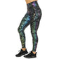side view of black, purple and green holographic full length leggings