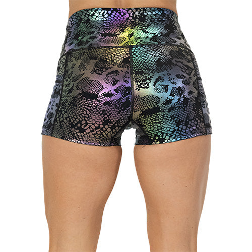 back view of black, purple and green holographic 2.5" shorts