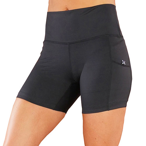 front view of 5 inch solid black shorts
