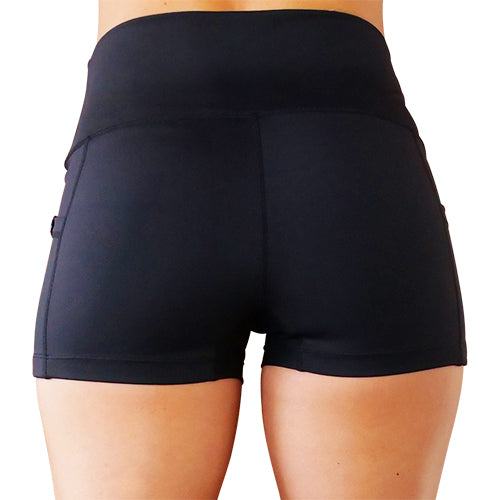 back view of 2.5 inch solid black shorts