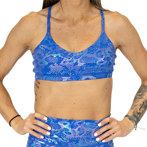 front view of blue and purple holographic pattern bra 