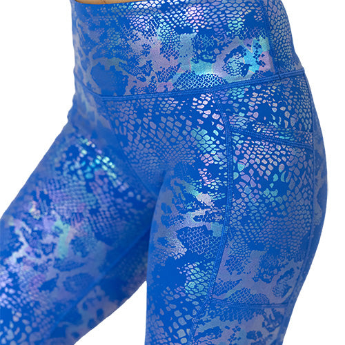 close up view of blue and purple holographic leggings