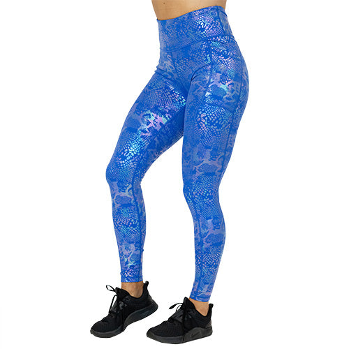 side view of blue and purple holographic full length leggings 