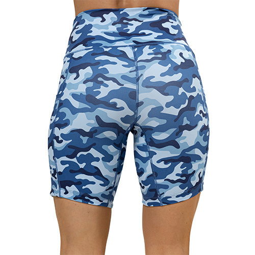 back view of 7 inch blue camo shorts