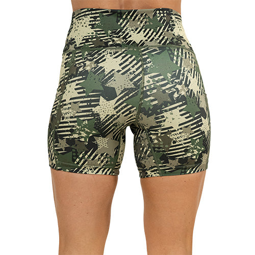 back view of 5 inch green camo shorts