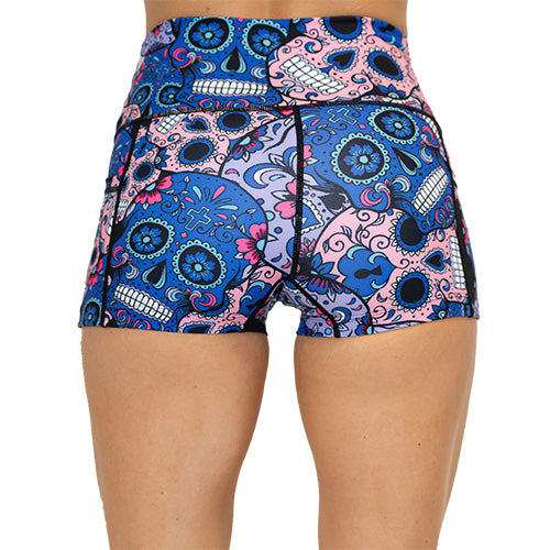 back view of blue, pink and teal sugar skull pattern on 2.5" shorts