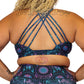 back view of butterfly back strap design on the pink, purple and blue dream catcher print sports bra