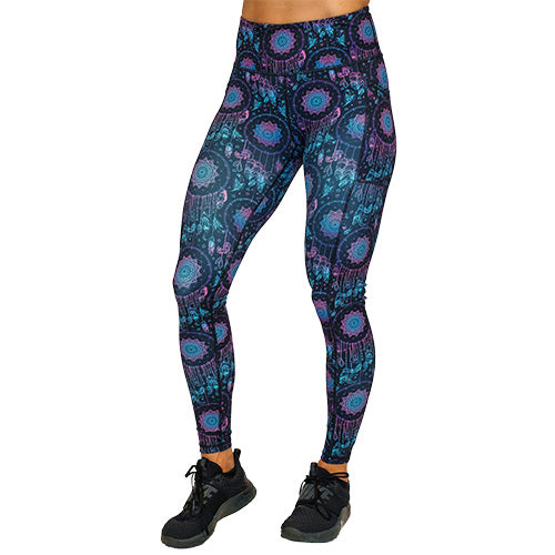 front view of full length pink and blue ombre dream catcher print leggings