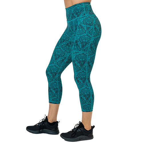 capri length teal leggings with black elephant line pattern