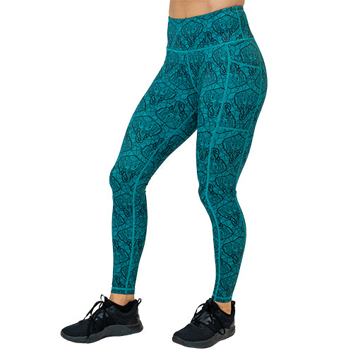 full length teal leggings with black elephant line pattern