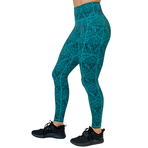 full length teal leggings with black elephant line pattern