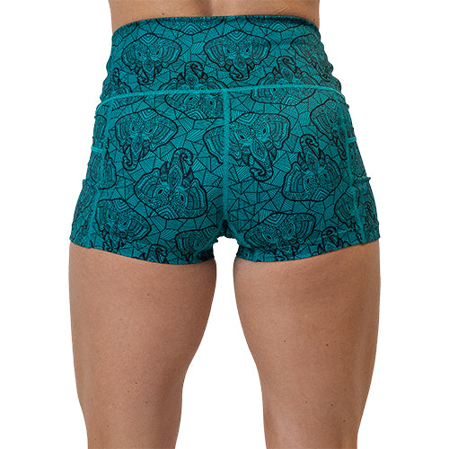 back of the 2.5 inch blue elephant outline shorts against a white background