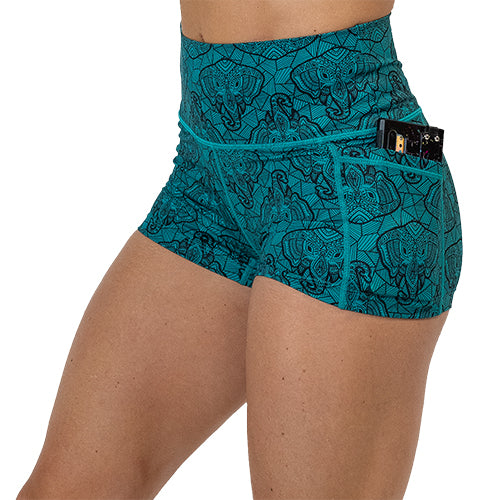 2.5 inch blue elephant outline shorts with a phone in its pocket against a white background