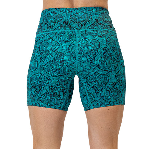 back of the 5 inch blue elephant outline  shorts against a white background