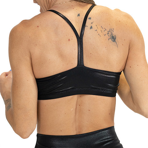 back of black faux leather bra 