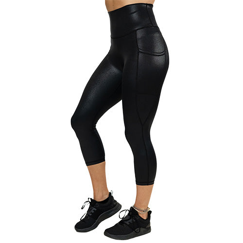 capri length black faux leather leggings