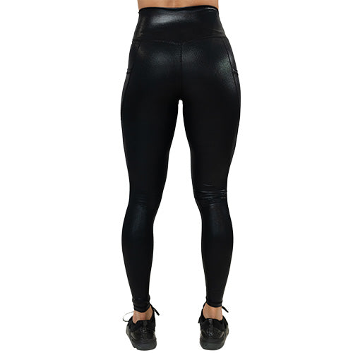 back view of black faux leather full length leggings