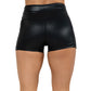 back view of 2.5 inch black faux leather shorts