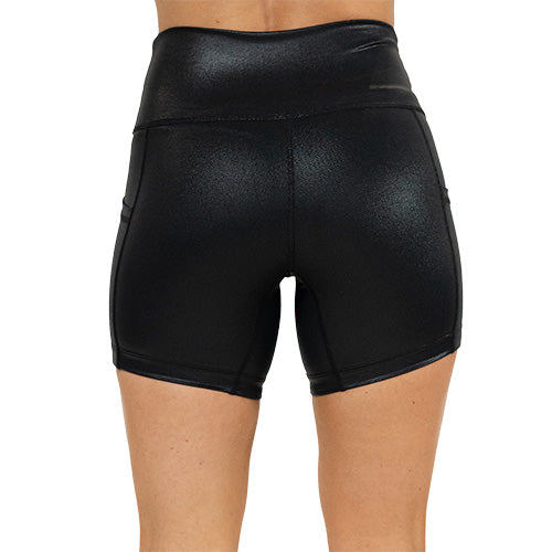 back view of 5 inch black faux leather shorts