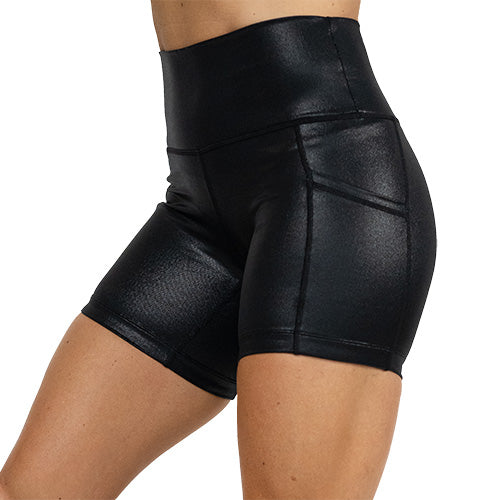 5 inch black faux leather shorts