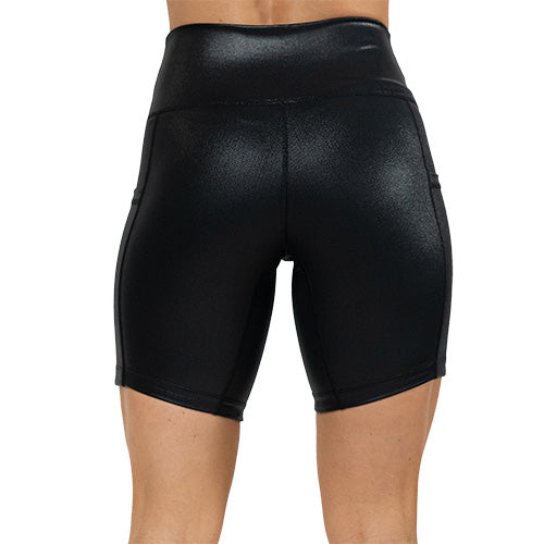 back view of 7 inch black faux leather shorts