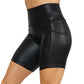 7 inch black faux leather shorts