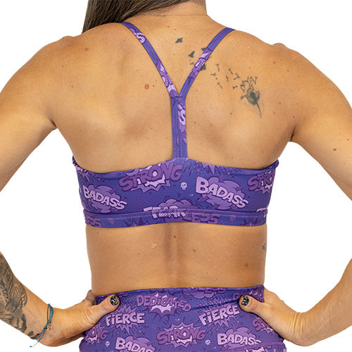 back view of purple fearless bra