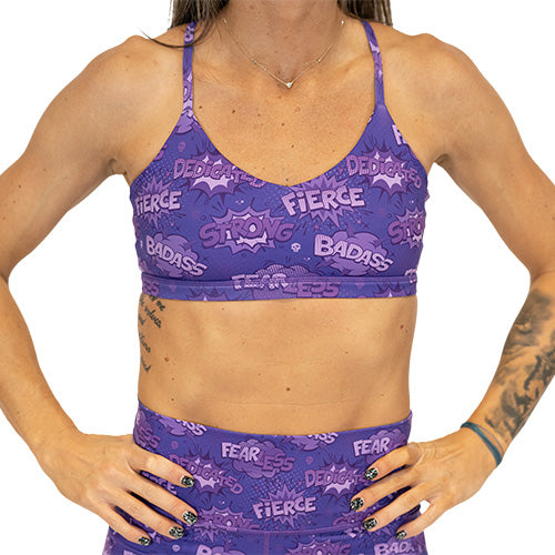front view of purple fearless bra