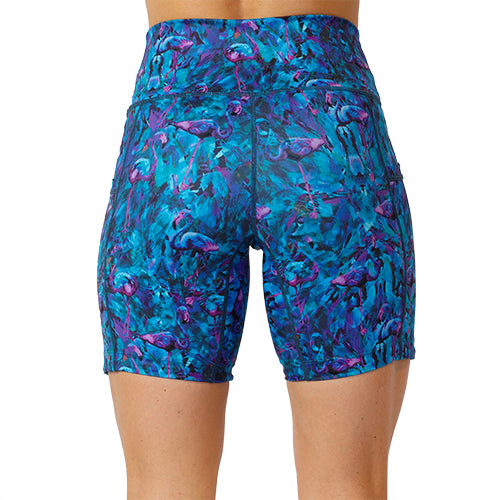 back view of 7 inch blue and pink flamingo design shorts