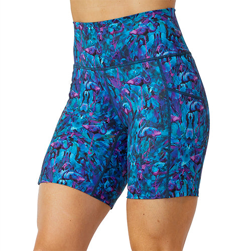 close up of 7 inch blue and pink flamingo design shorts