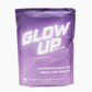 glow up collagen purple bag packaging with white "glow up" lettering on it