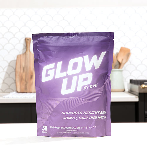glow up collagen purple bag packaging with white "glow up" lettering on it