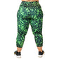back view of capri length lime green and black dot print leggings