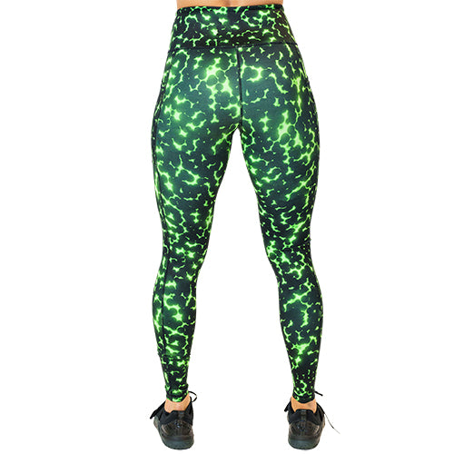 back view of full length lime green and black dot print leggings