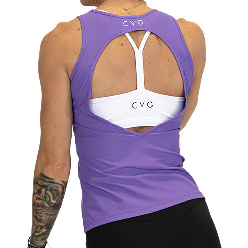 open back cut design on the purple peekaboo back tank top