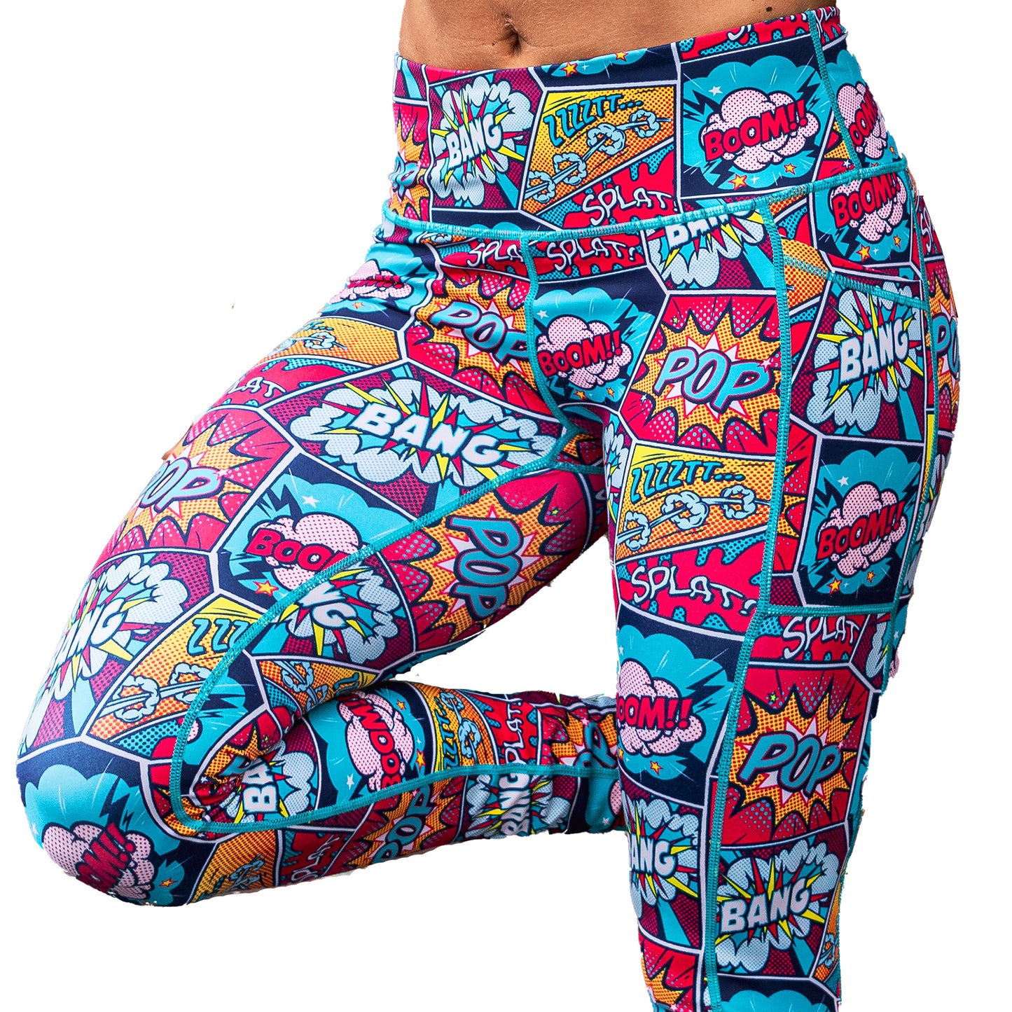 close up of colorful comic book style action bubble sayings patterned leggings