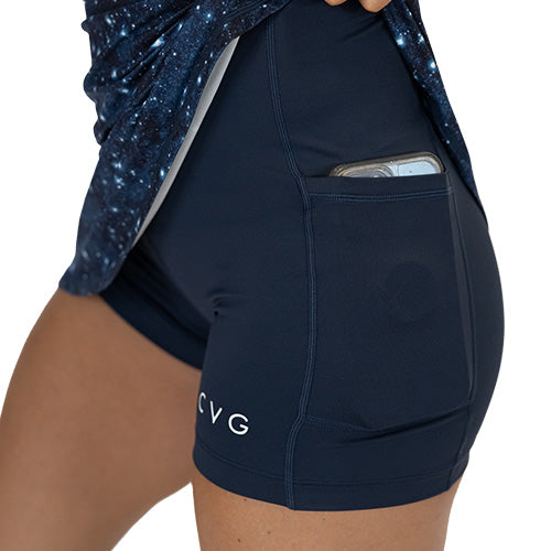 close up of side pocket on shorts that are large enough to hold a cell phone 