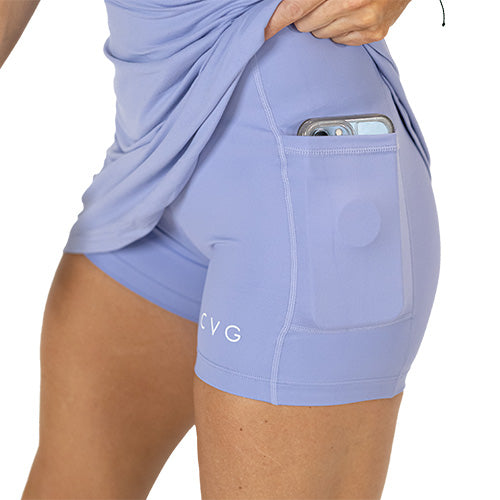 close up of short's side pocket that is large enough to hold a cell phone