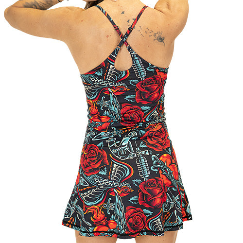 back tear drop design on old school tattoo inspired rose, dove, chain and fire printed dress