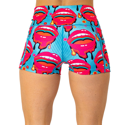 back of 2.5 inch cartoon lips patterned shorts