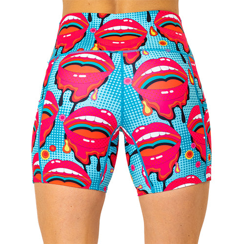 back of 5 inch cartoon lips patterned shorts