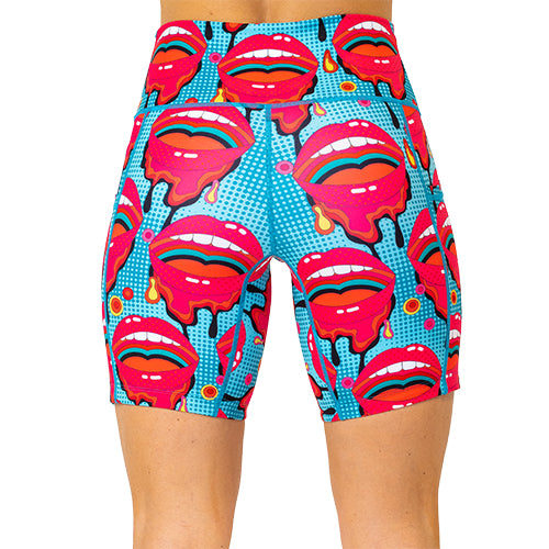 back of 7  inch cartoon lips patterned shorts