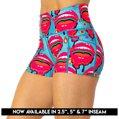 cartoon lips patterned shorts available in 2.5, 5 & 7 inch inseams