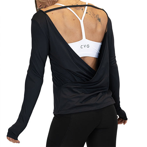 back view of the open back detailing on this black long sleeve shirt 