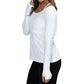 side view of the white solid long sleeve shirt off the shoulders of the model