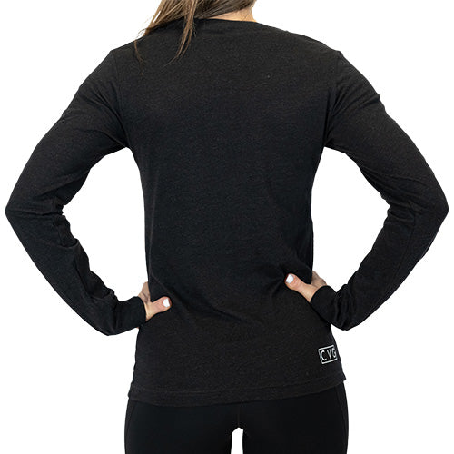 back view of heather black colored long sleeve shirt with saying in the color white