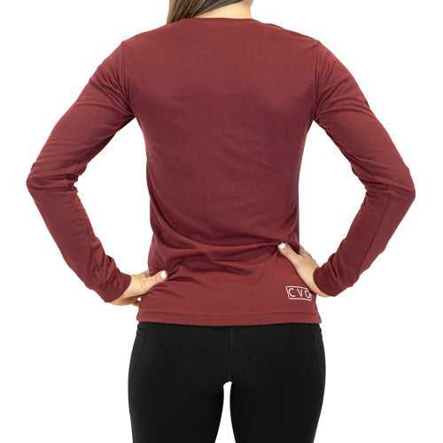 back view of front view of heather cardinal colored long sleeve shirt