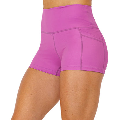 side view of 2.5 inch solid magenta colored shorts