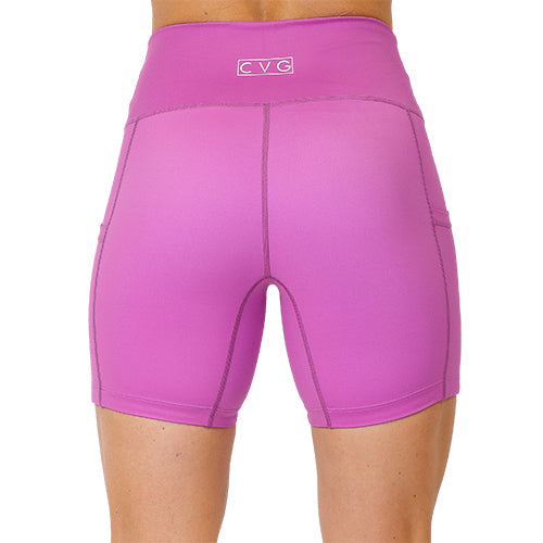 back view of 5 inch solid magenta colored shorts