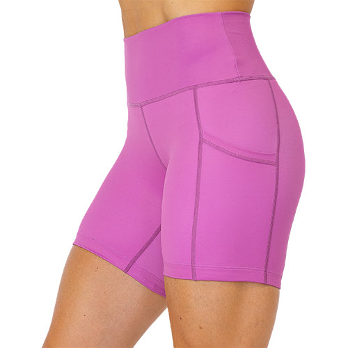 side view of 5 inch solid magenta colored shorts 